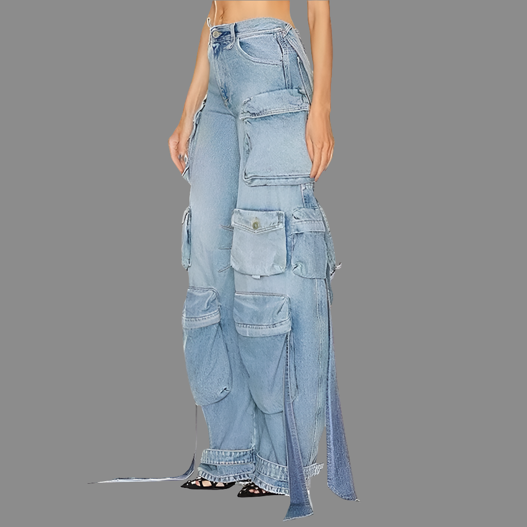 Stylish Multi Pocket Denim Pants with Decorative Straps and Thigh  Splits