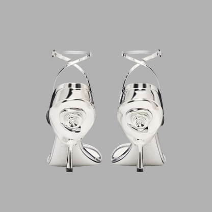 Elegant High Heeled Sandals With 3D Flower Detailing, Comes in Red, Black & Silver