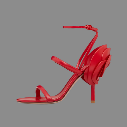 Elegant High Heeled Sandals With 3D Flower Detailing, Comes in Red, Black & Silver