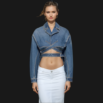 Cross Layered Cropped Denim  Jacket