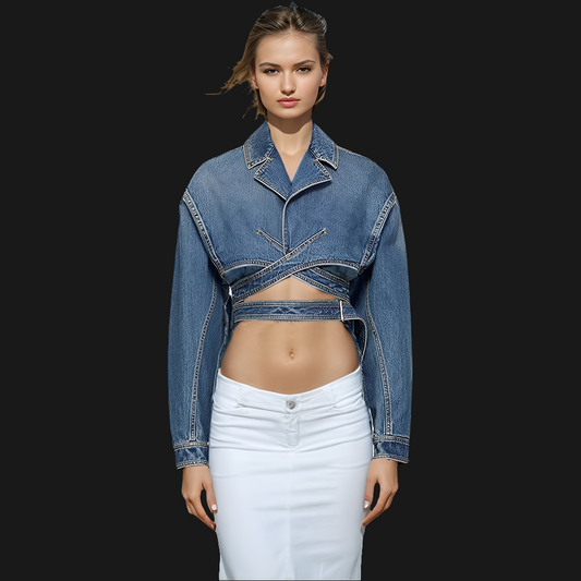 Cross Layered Cropped Denim  Jacket