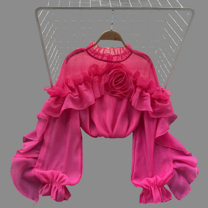 Gorgeous Ruffled Mesh Crop Top, Slim fit, Uniquely  Designed,  Super Trendy,  Comes in Apricot, Green, Rose Red, White & Black.