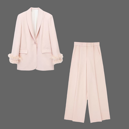 Three Piece Feathered Suit  With Matching Pink Blazer + Wide Leg  Cropped Pants + Heart-Shaped Corset Camisole Top