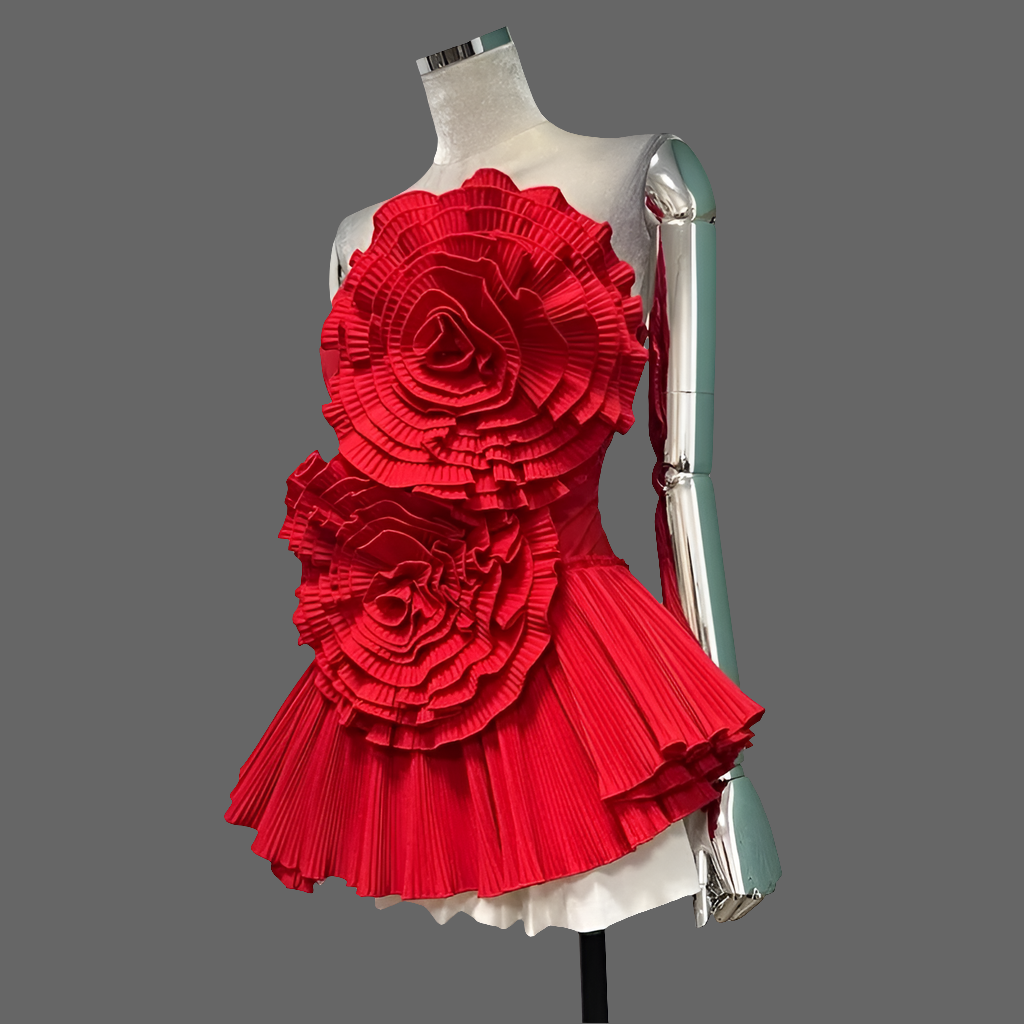 Stunning Women's Top with 3D Flower Design Details and Pleated Hemline