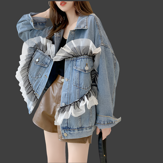 Women's Loose Denim Jacket with Mesh Details