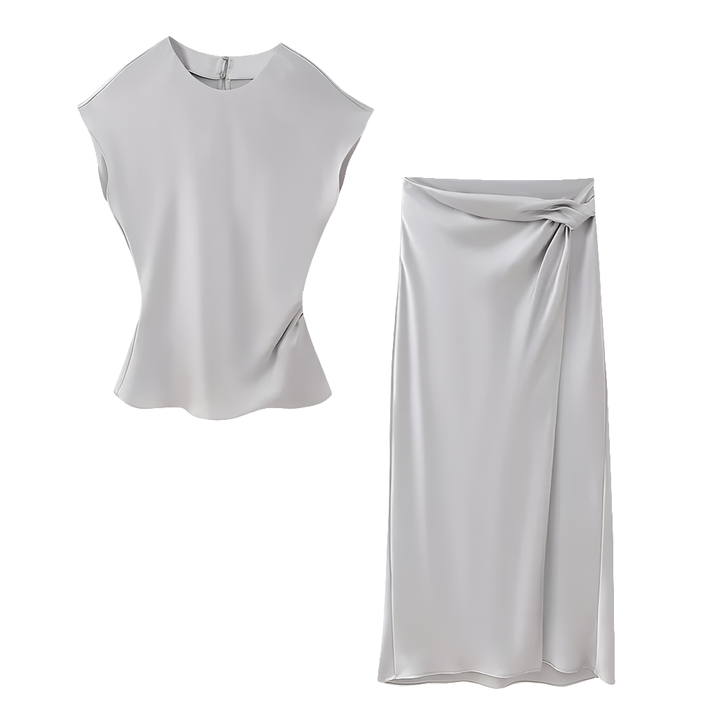 Women's 2 Piece Set, an O-Neck Satin Top &  Matching High Waisted Slit Midi Skirt