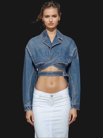 Cross Layered Cropped Denim  Jacket