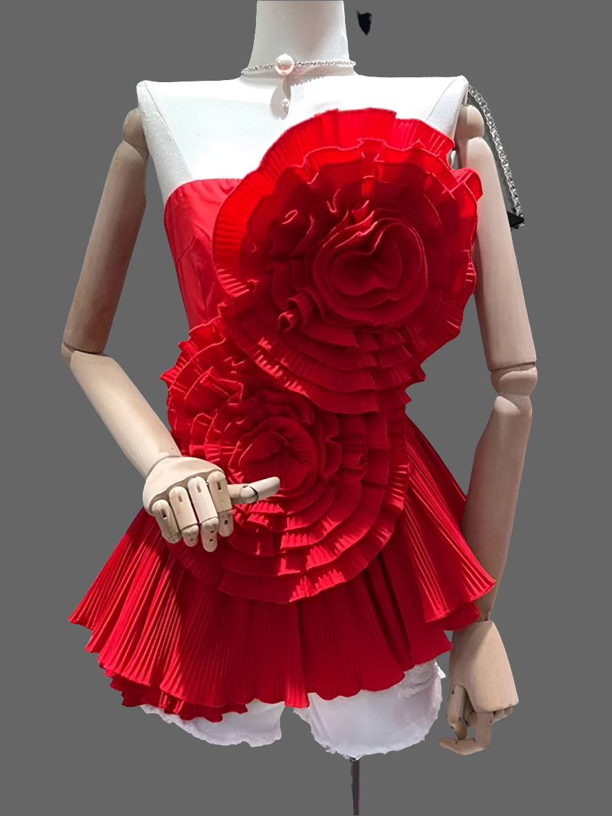 Stunning Women's Top with 3D Flower Design Details and Pleated Hemline