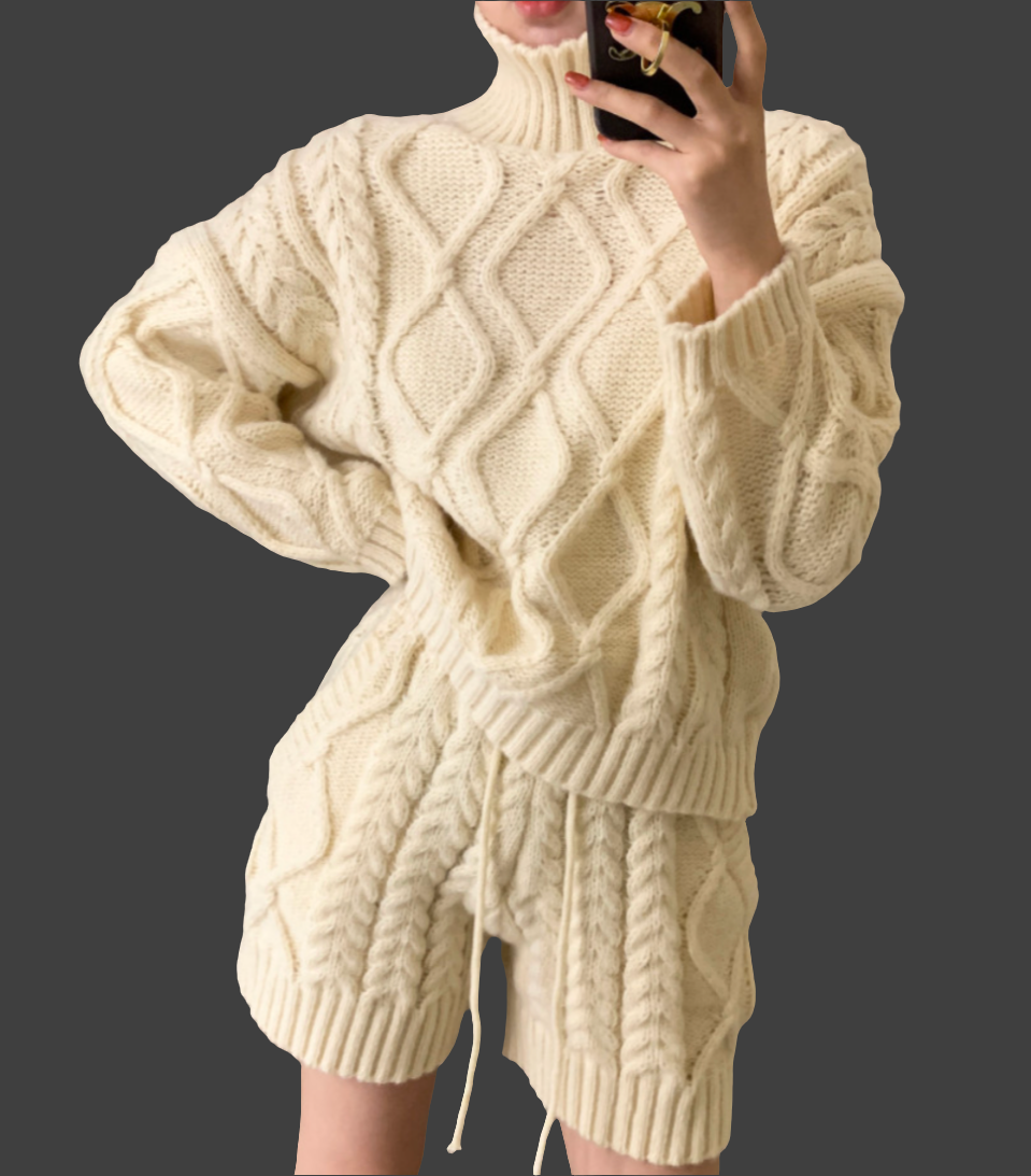 Two Piece Knit Sets For Women Loose Long Sleeve Turtleneck Sweater + Matching Shorts