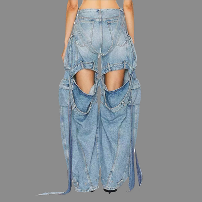 Stylish Multi Pocket Denim Pants with Decorative Straps and Thigh  Splits