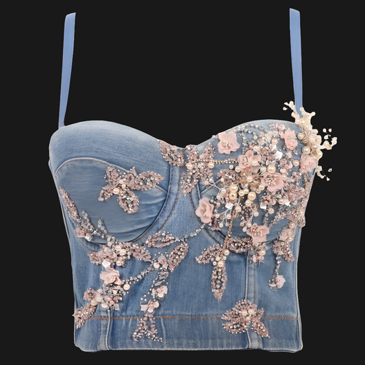 Women's Denim Bustier Top Adorned with Sparkling  Beads
