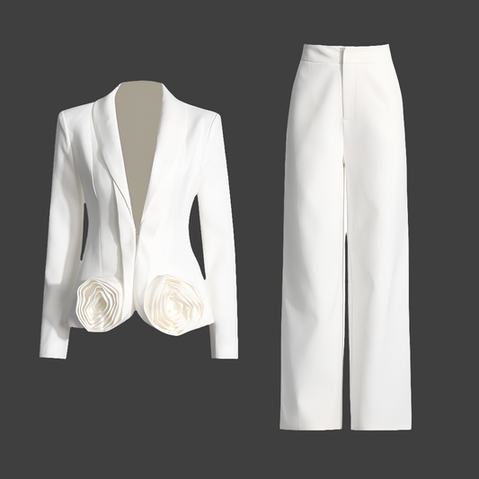 Beautiful  Women's White 2 Piece Pant Suit With 3D Rose Design