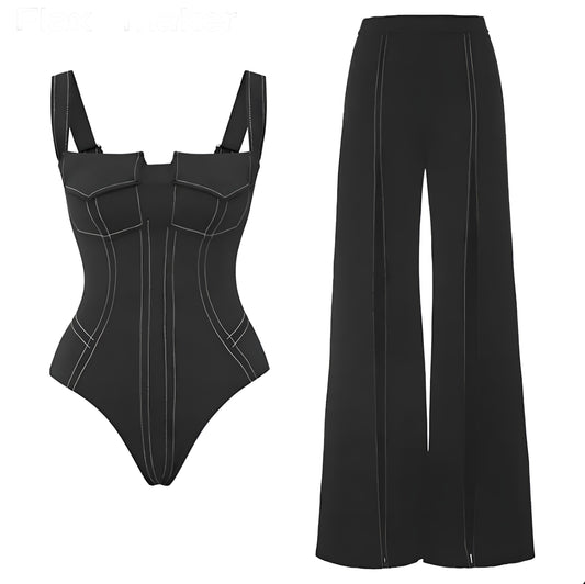 Sculpted Contrast Stitch Corset Swimsuit Set