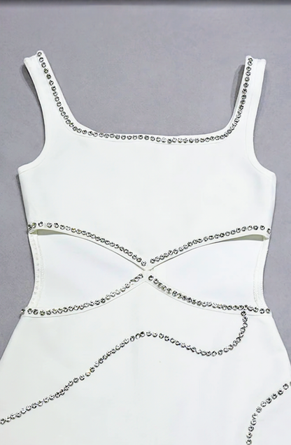 The Ultimate White Mini Dress With  Split and  Diamond Embellished Waist Cut-Outs