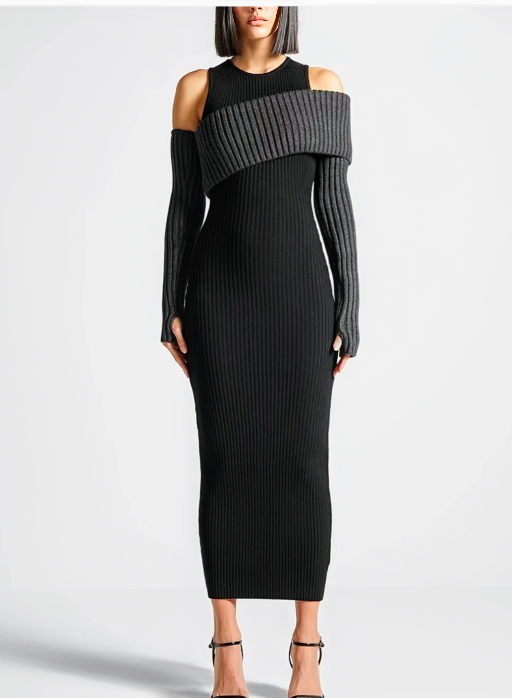 Bodycon Knit Dress For Women With Round Neck and  Long Sleeves, Available in Black and Apricot