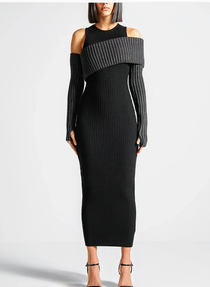 Bodycon Knit Dress For Women With Round Neck and  Long Sleeves, Available in Black and Apricot