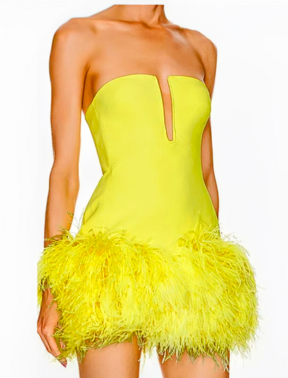 Stylish Strapless Feathered Mini Dress For Women