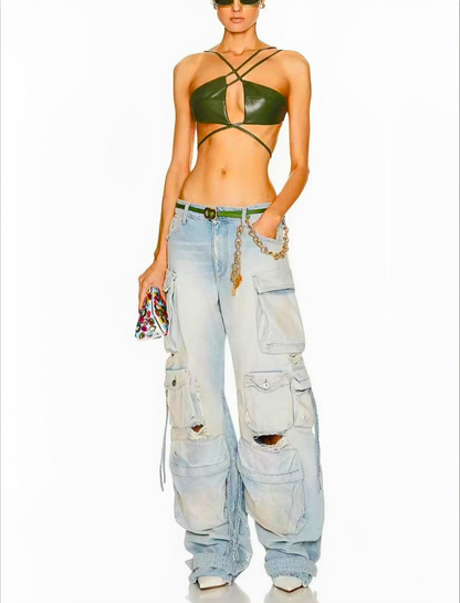 New Women's Multi-Pocket Washed Denim Cargo Pants