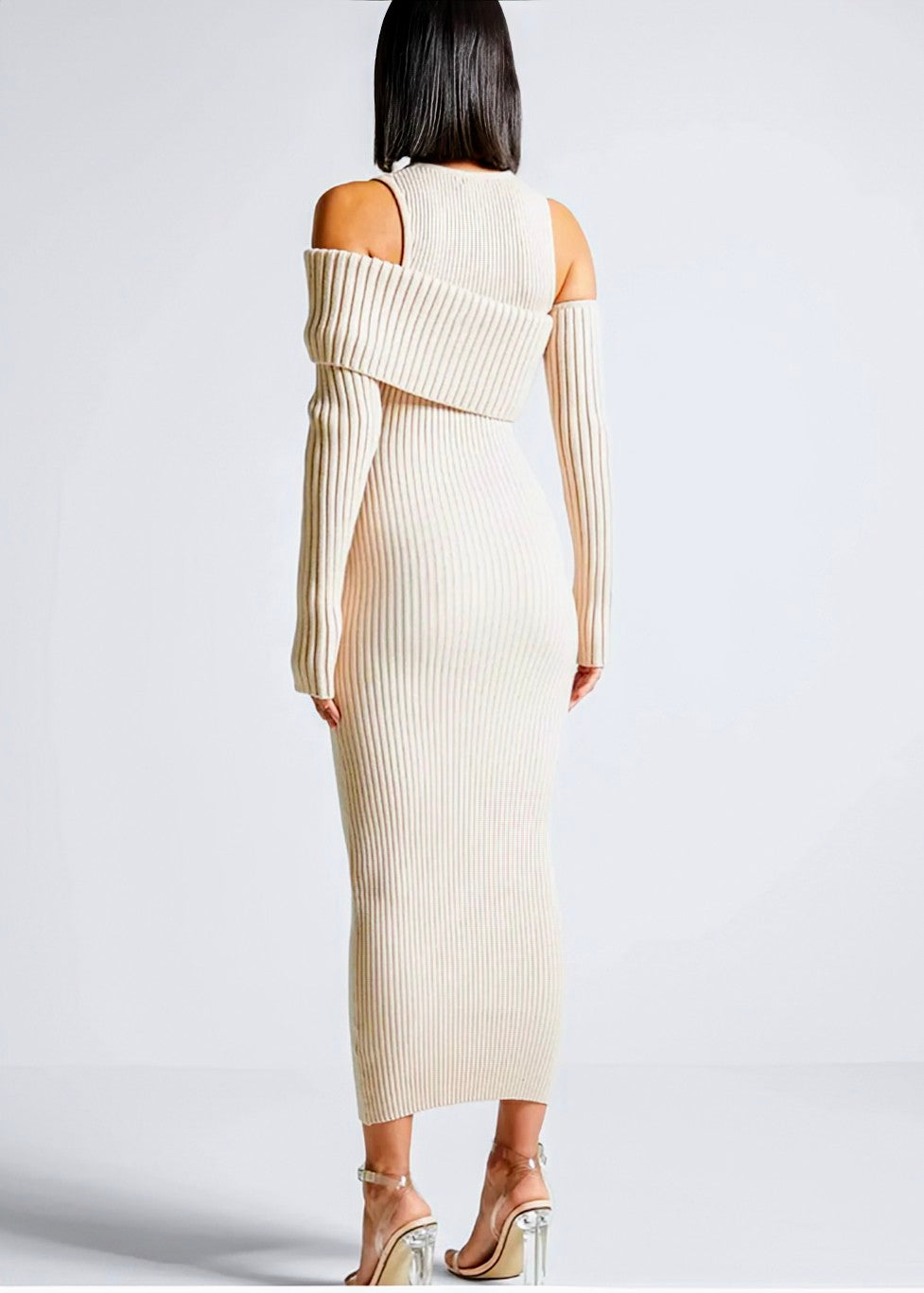 Bodycon Knit Dress For Women With Round Neck and  Long Sleeves, Available in Black and Apricot