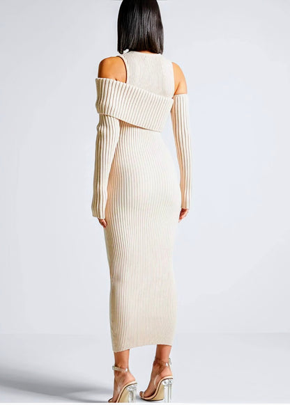 Bodycon Knit Dress For Women With Round Neck and  Long Sleeves, Available in Black and Apricot