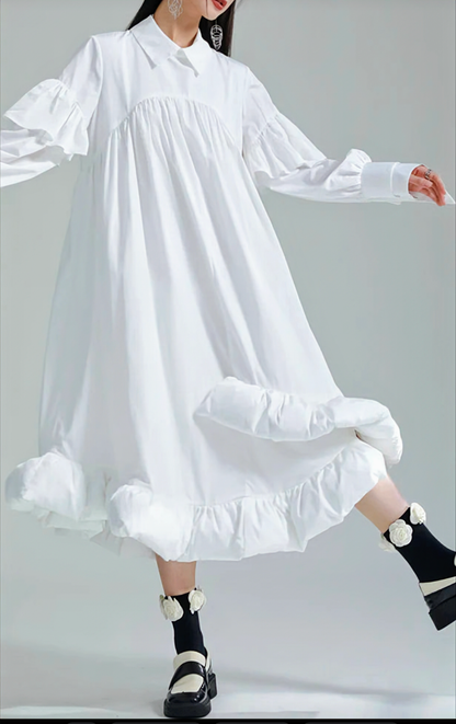 Chic Long Sleeves Ruffled Dress, Comes in Black and White