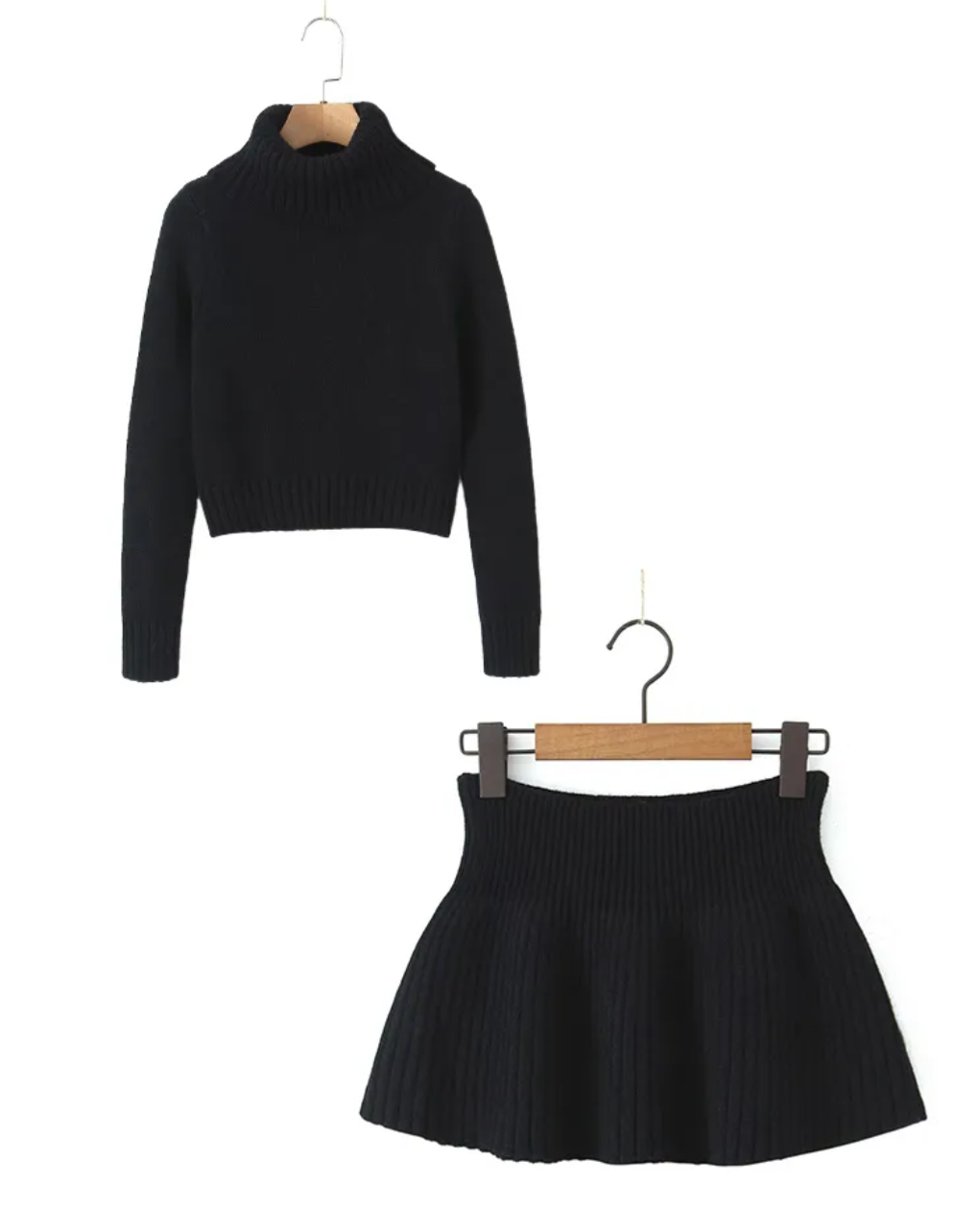 Fashion Knitted Women Skirt Suit- Long Sleeves Slim Crop and High Waist Mini Skirt