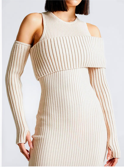 Bodycon Knit Dress For Women With Round Neck and  Long Sleeves, Available in Black and Apricot