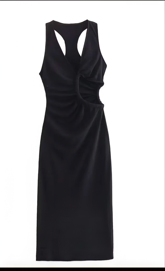 Long Bodycon Black Dress With Waist Cut Out Design