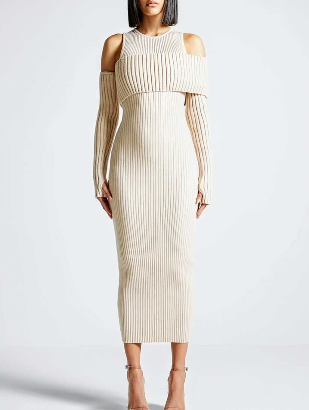 Bodycon Knit Dress For Women With Round Neck and  Long Sleeves, Available in Black and Apricot