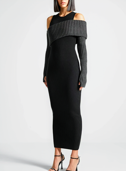 Bodycon Knit Dress For Women With Round Neck and  Long Sleeves, Available in Black and Apricot