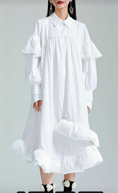 Chic Long Sleeves Ruffled Dress, Comes in Black and White