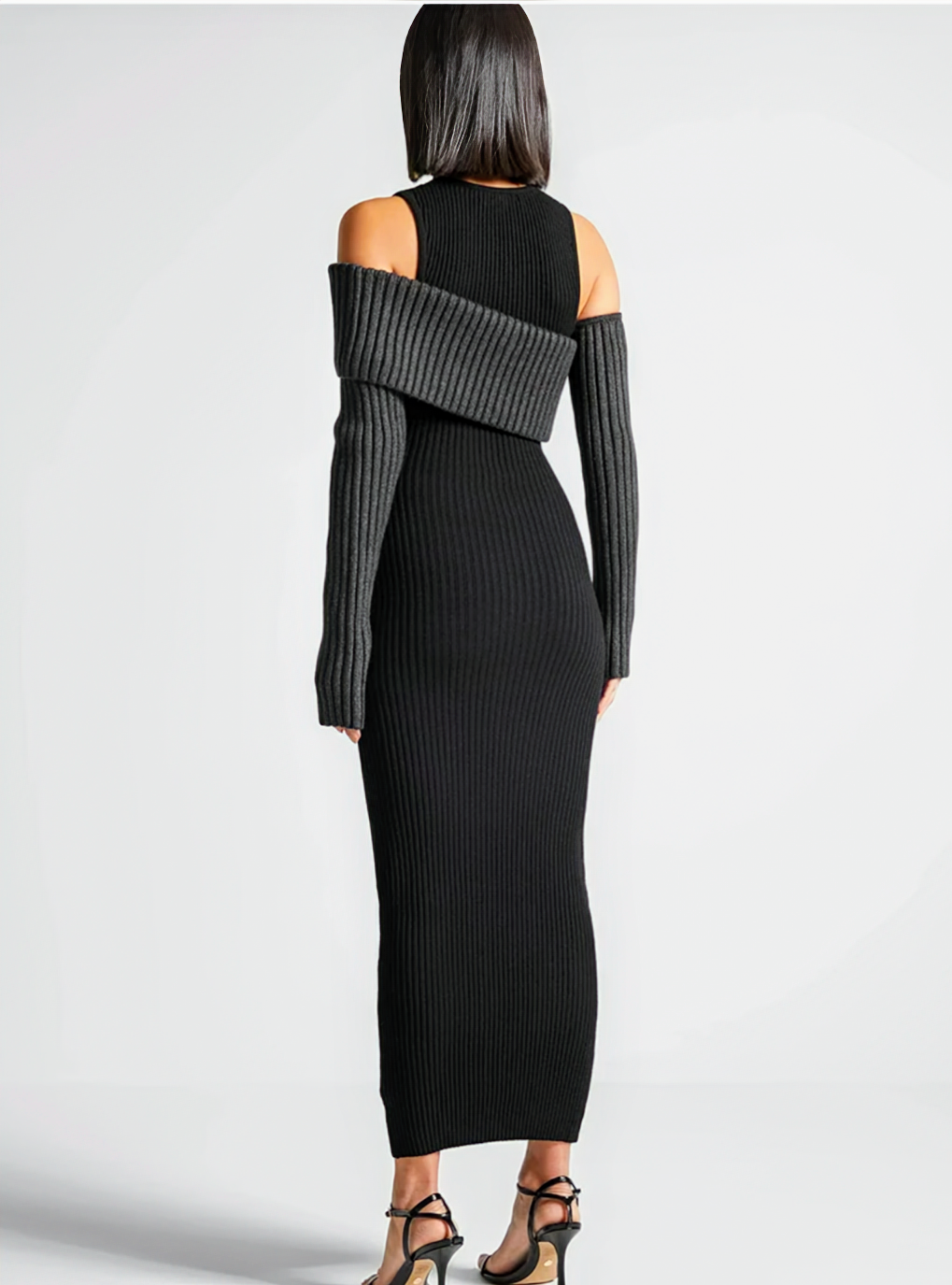 Bodycon Knit Dress For Women With Round Neck and  Long Sleeves, Available in Black and Apricot
