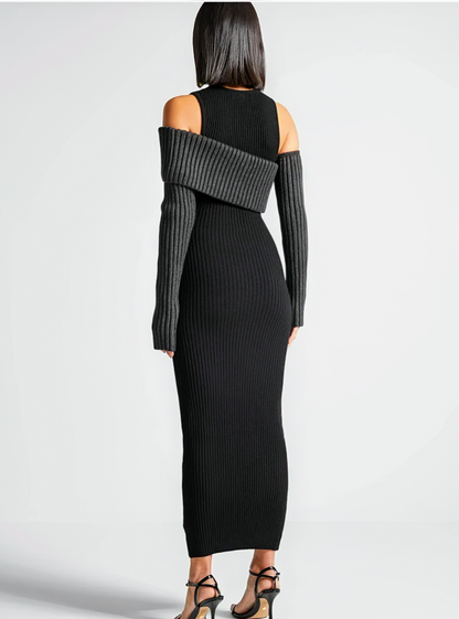 Bodycon Knit Dress For Women With Round Neck and  Long Sleeves, Available in Black and Apricot